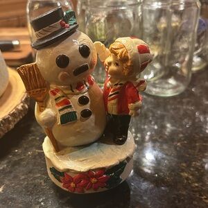 Festive Snowman and Child Holiday Figurine Frosty Music box vintage